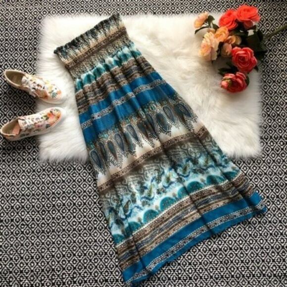 Blue Brown Flowy Paisley Strapless Maxi Dress - Picture 1 of 5